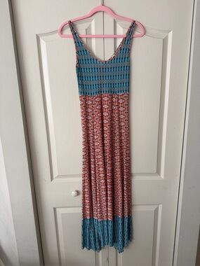 Blue and Coral Patterned Maxi Dress - Sleeveless Summer Dress